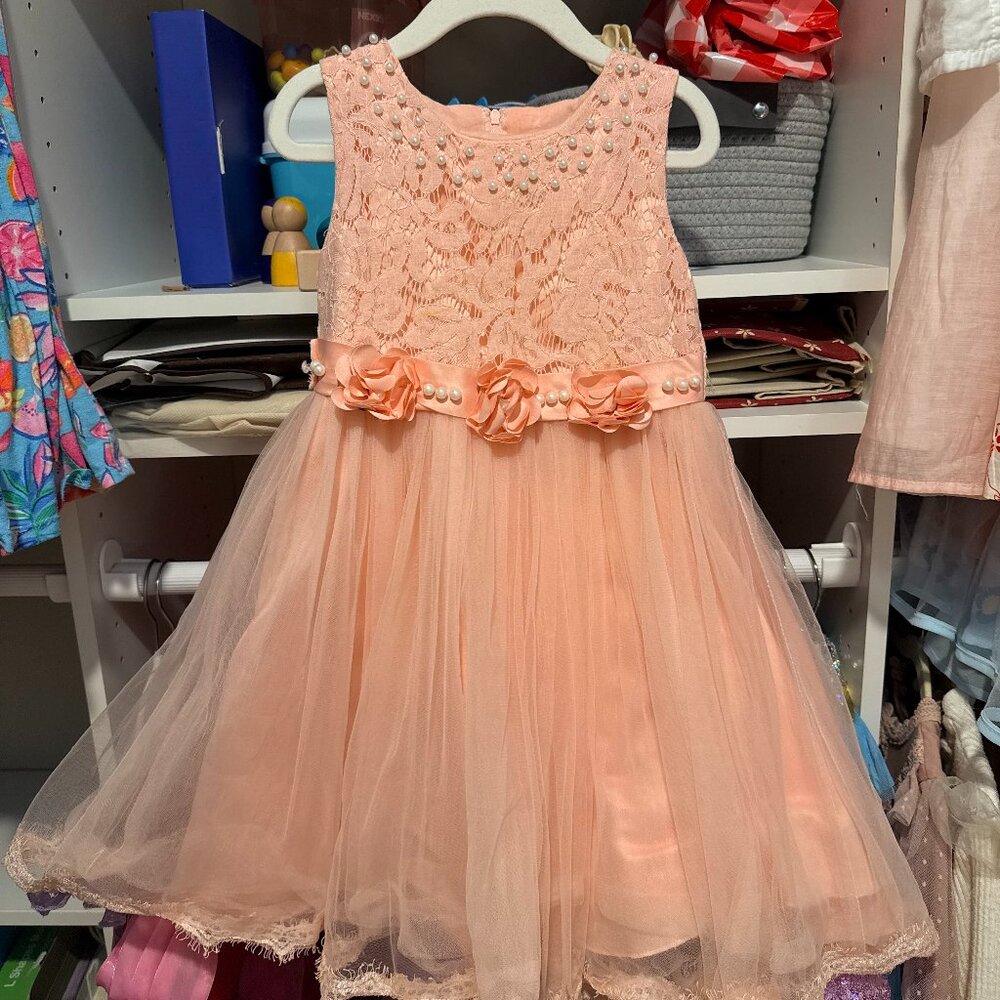 Girls Peach Lace & Tulle Dress – Size 3–5 Years